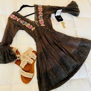 Free People Vintage Green Dress with Embroidery